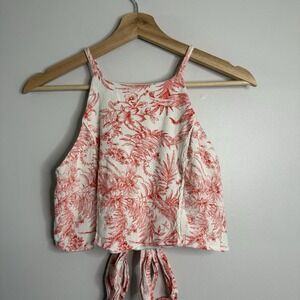 Kirious Sleevless Top Womens Sz S Linen Blend Ivory w Orange Floral Pattern Crop